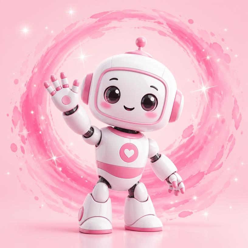 Friendly pink robot mascot waving